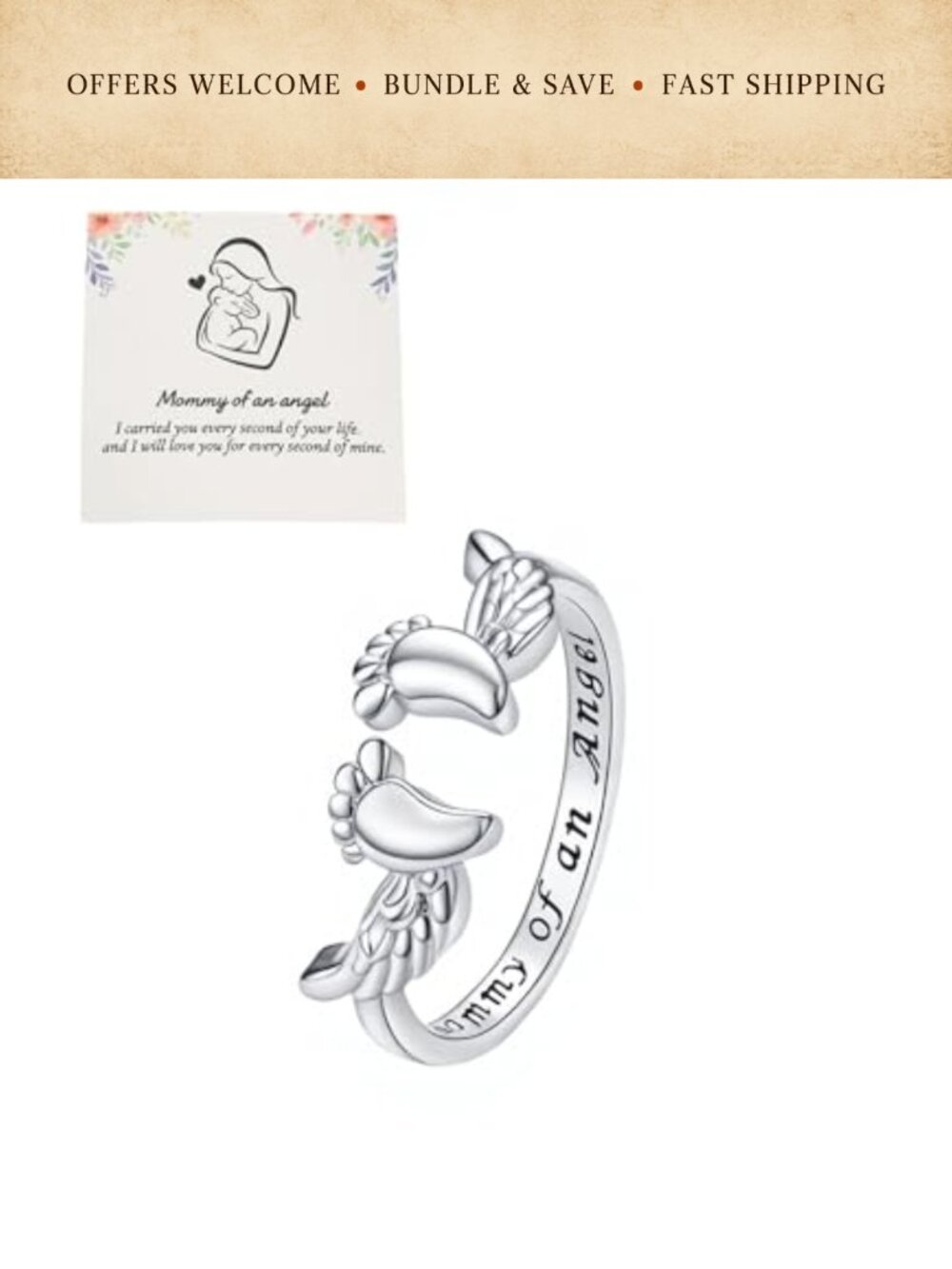 Silver Plated Copper Angel Wing Ring Adjustable Memorial Gift for Moms